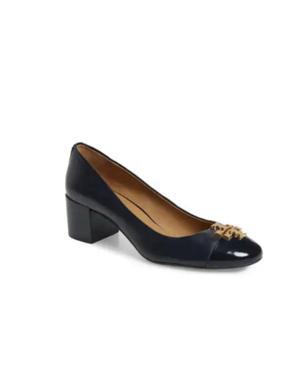 Tory Burch Designer Everly Cap Toe Leather Black Gold Logo Block Heel Pump 6 NEW
